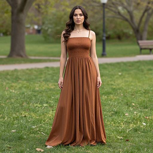 Photograph of a young woman with long dark hair in a rust-colored, sleeveless, floor-length dress standing in a grassy park.