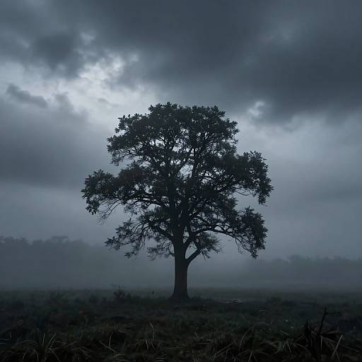 Solitary Tree in Foggy Darkness