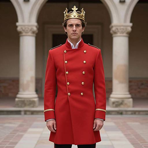 Photograph of a serious young man in a red double-breasted military-style coat, gold buttons, and a gold crown, standing in a colonn