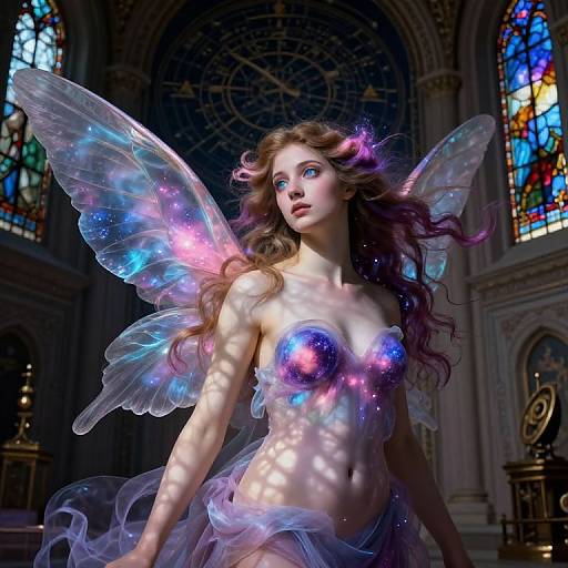 Digital art of a fair-skinned, topless fairy with glowing, iridescent wings, long wavy hair, and starry, cosmic breasts