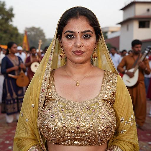 Photograph of a South Asian woman in a gold-embellished lehenga and veil, standing in a crowded outdoor wedding scene.