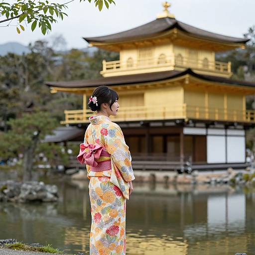 Photograph of a Japanese woman in a colorful floral kimono with pink obi, standing by a pond, facing a golden traditional Japanese building.