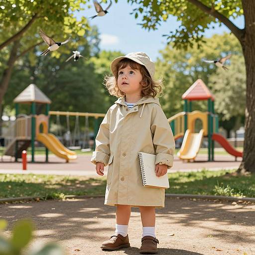 Photograph of a curly-haired toddler in a beige raincoat and hat, holding a book, standing in a sunlit park with birds flying, colorful