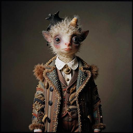 Photograph-style digital art of a whimsical, elf-like child with pale skin, large eyes, and horned head, wearing an ornate,