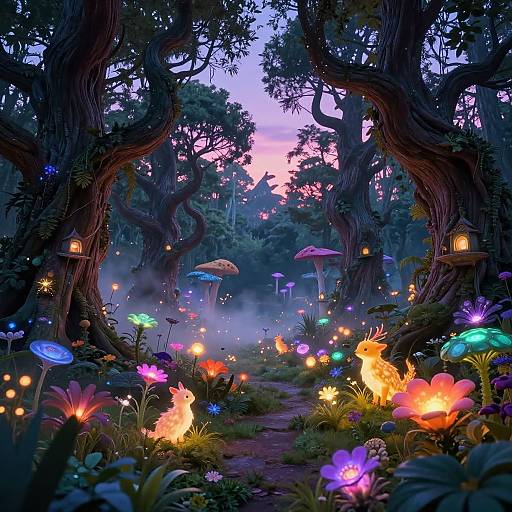 Magical forest at twilight, glowing mushrooms, vibrant flowers, luminescent fireflies, fairy lights in tiny houses, twisted trees, misty atmosphere