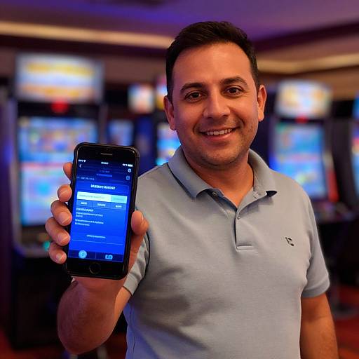 Chilean Man Smiling with Smartphone
