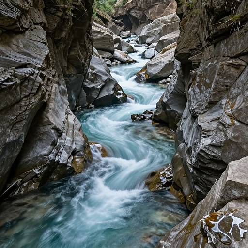 Photograph of a narrow, rocky canyon with a turbulent, white-water stream flowing through dark, jagged cliffs and mossy greenery at the top