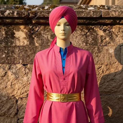 Photograph of a mannequin in a pink traditional dress with a gold belt, blue shirt, and pink turban, standing against a sunlit