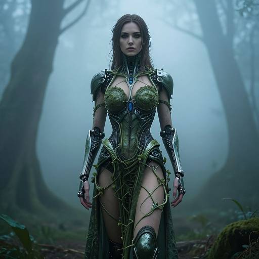 Digital artwork of a fierce, armored, green-clad woman with large breasts, standing in a misty forest, surrounded by tall trees.