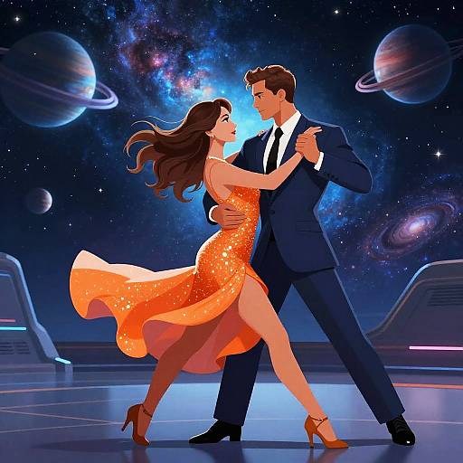Digital illustration of a dancing couple in a cosmic setting: a man in a navy suit and tie, and a woman in a flowing, sparkly orange