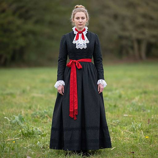 Photograph of a young woman with fair skin and blonde hair in a bun, wearing a black Victorian-style dress with white lace trim and a red ribbon
