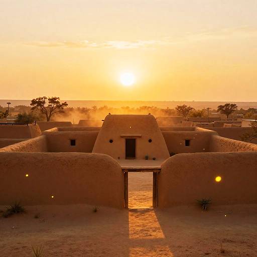 Sunlit Adobe Pueblo at Golden Dusk