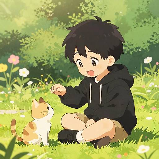 Anime Boy Playing with Cat in Sunlit Park