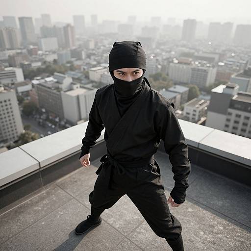 Photograph of a black-clad ninja with a balaclava, standing on a rooftop against a hazy cityscape, wearing black gloves and