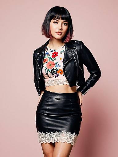 Edgy Chic Woman in Black Leather Jacket and Floral Crop Top
