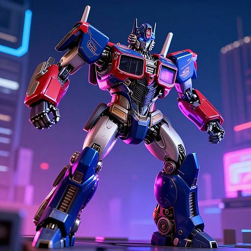 Photorealistic CGI of a vibrant, red, blue, and silver Transformers robot standing in a neon-lit, futuristic cityscape at night.