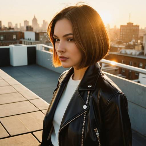 Woman with Jaw-Length Bob Hairstyle on Rooftop