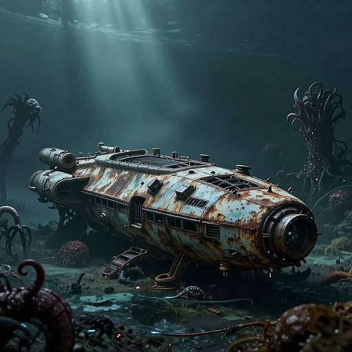 Photorealistic CGI of a rusted, abandoned submarine on a dark, eerie ocean floor with bioluminescent sea creatures and underwater light beams.