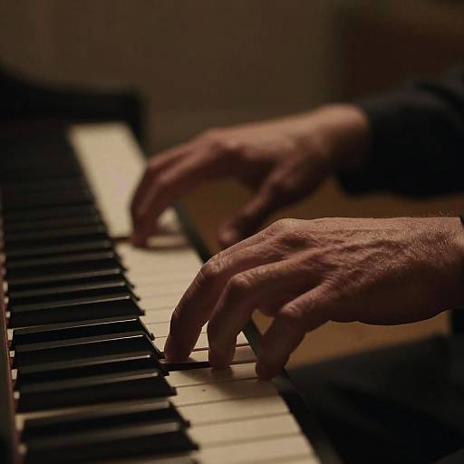 Close-up photograph of aged hands with visible veins playing a black and white piano keyboard, dim lighting emphasizing texture and movement.