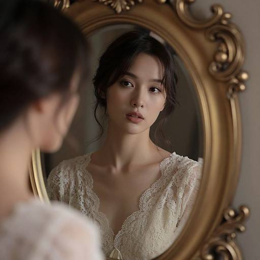 Photograph of an East Asian woman with delicate features, dark hair in a loose updo, wearing a lace, deep V-neck gown, gazing