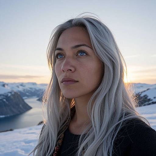 Photograph of a young woman with long, silver-blonde hair, blue eyes, and fair skin, standing in a snowy, mountainous landscape