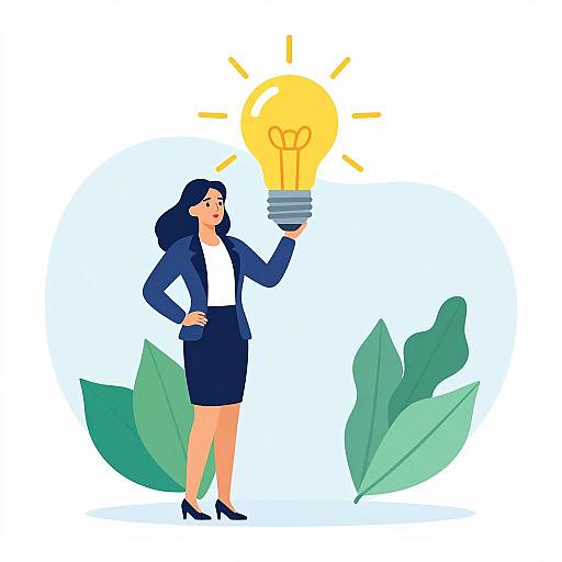 Illustration of a confident, dark-haired woman in a blue suit and black heels, holding a glowing yellow lightbulb, with large green leaves in