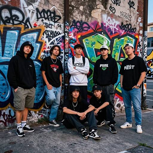Photograph of six Asian men in black hoodies and caps, standing and kneeling in front of colorful graffiti-covered brick wall. Urban, street-style attire