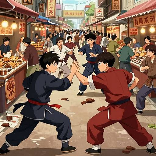 Anime-style digital drawing of two boys in martial arts uniforms fighting in a bustling, colorful night market with crowded food stalls.
