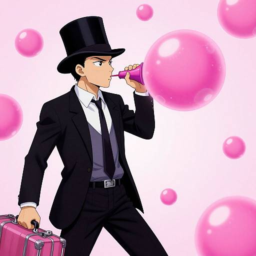 Anime-style illustration of a suave man in a black suit and top hat, blowing into a pink horn, holding a pink suitcase, with pink bubbles