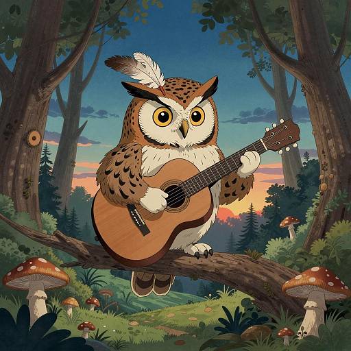 Whimsical Owl Playing Guitar in Forest