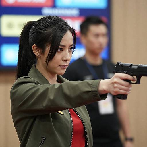 Intense Woman with Handgun in Indoor Scene