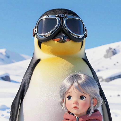 Photorealistic digital illustration of a penguin wearing goggles, standing in snowy mountains with a wide-eyed, silver-haired child in a red hood beside it