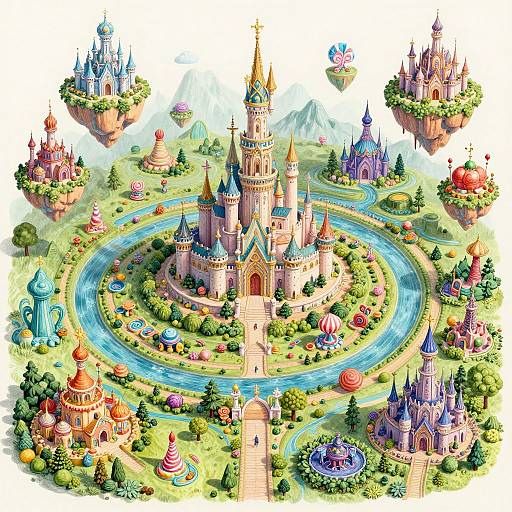 Colorful digital illustration of a whimsical, floating castle landscape with multiple colorful castles, winding rivers, lush greenery, and floating islands.