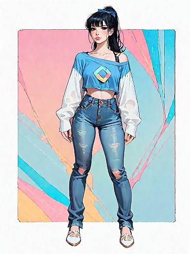 Realistic Woman in Navy Off-Shoulder Outfit