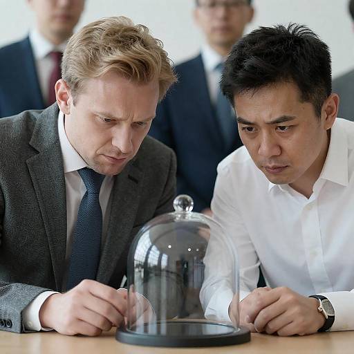 Intense Portrait of Two Men Examining Glass