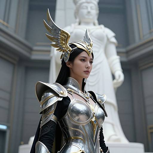 CGI image of an East Asian woman in metallic gold and silver armor with winged helmet, standing in front of a white marble statue, in a