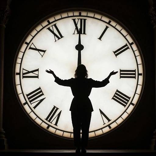 Silhouette of a person with arms raised standing in front of a large, illuminated clock face displaying Roman numerals.