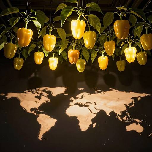 Photograph of glowing yellow bell peppers hanging with green leaves, casting world map shadow on dark background. Warm, ethereal light.