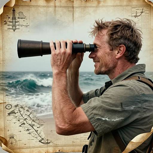 Photograph of a rugged, middle-aged man with short brown hair, wearing sunglasses and a green shirt, using binoculars on a beach with ocean