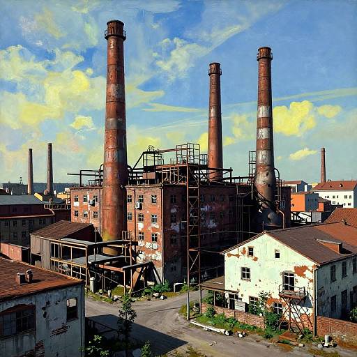 Digital painting of an industrial complex with three tall, rusted smokestacks, surrounded by red-brick and white-painted buildings under a bright blue