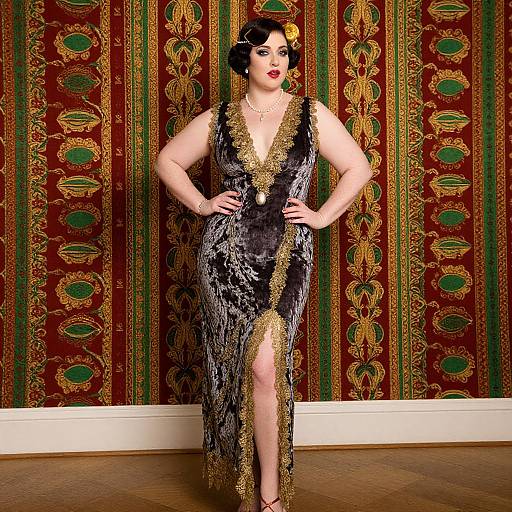 Photograph of a curvy, fair-skinned woman with black bob haircut, wearing a deep V-neck, black and gold patterned dress with thigh