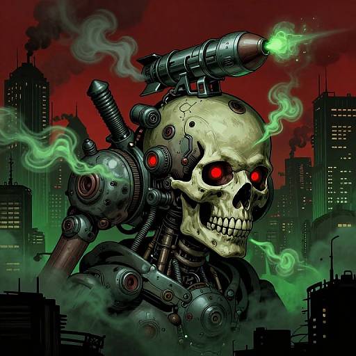 Digital art: Cybernetic skull with glowing red eyes, a gun on its head, and green smoke, set against a dark, red-hued
