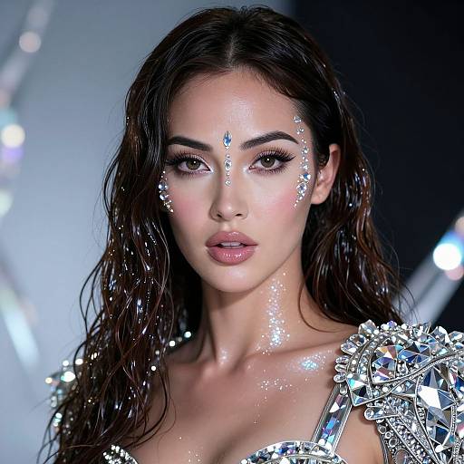 Photorealistic digital portrait of a beautiful woman with wet, dark hair, wearing a glittery, crystal-adorned outfit, with sparkling face paint