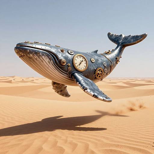 Photorealistic CGI of a clockwork whale with gears and clocks floating in a desert with orange sand dunes. Bright blue sky. Whale's metallic