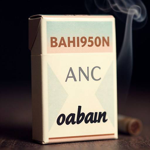 Photograph of a glowing Bahi Son ANC oban cigarette pack with smoke rising, set against a dark background and wooden surface.