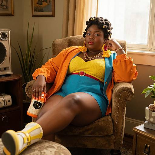 Photograph of a confident Black woman with curly hair, wearing an orange jacket, yellow top, blue shorts, and yellow socks, relaxing in a living