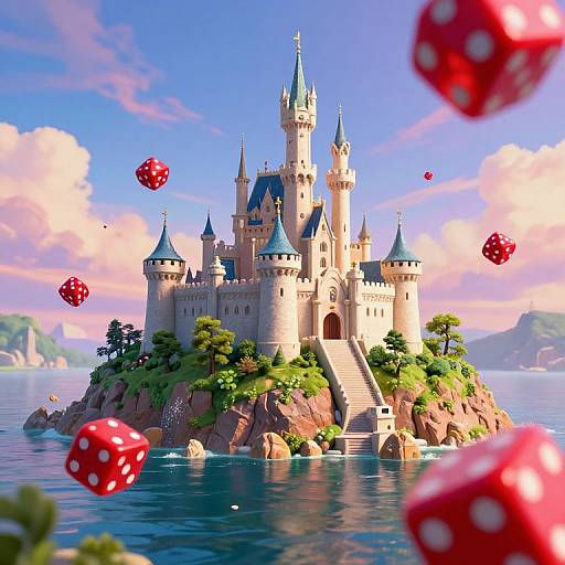 CGI image of a whimsical, fairy-tale castle on a rocky island surrounded by blue water, with floating red and white polka-dotted
