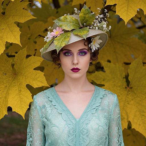 Photograph of a pale-skinned woman with purple eyeshadow, dark red lipstick, wearing a light blue lace dress and a straw hat adorned with