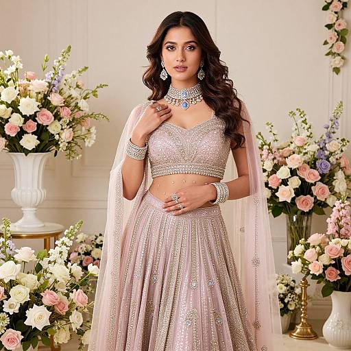 Photograph of a beautiful South Asian woman in a sparkling pink lehenga and matching veil, adorned with jewelry, standing amidst blooming floral arrangements in an