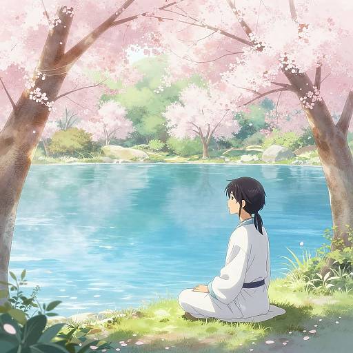 Anime-style digital illustration of a person with black hair in a white kimono, sitting by a serene, blue pond under pink cherry blossoms.